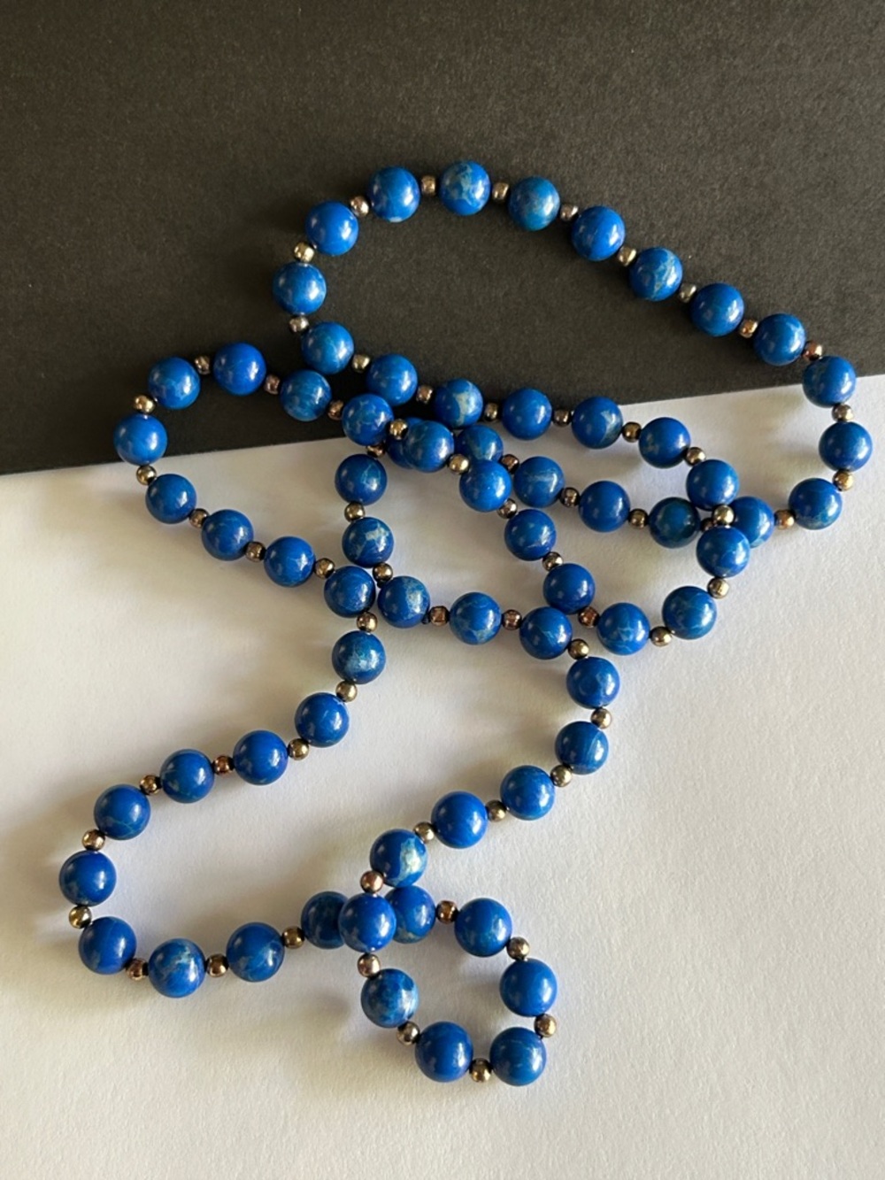 Lapis Lazuli Beaded Necklace 7mm w/ Gold Tone Spacers 29.5” Long Strand